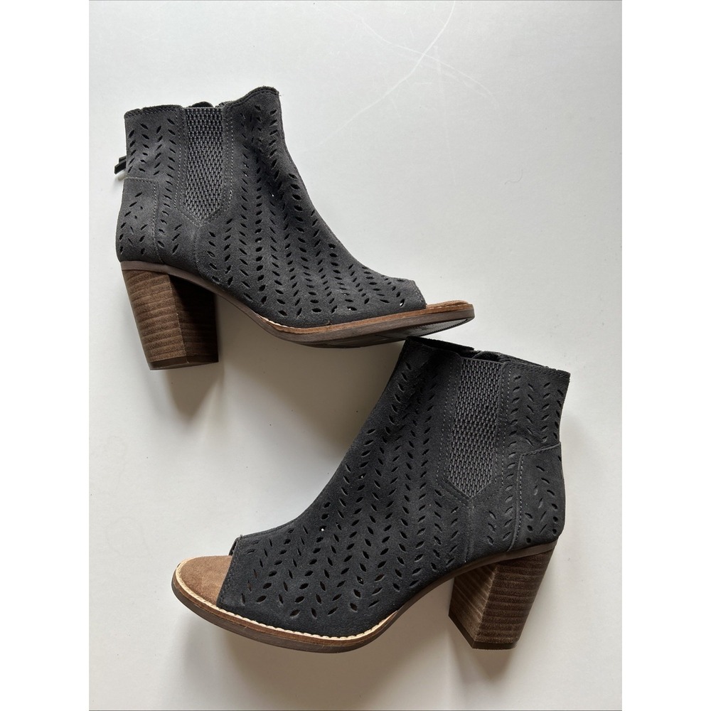 TOMS Womens Majorca Peep Toe Size W 7 Ankle Boots Iron Gray Suede Perf  Booties